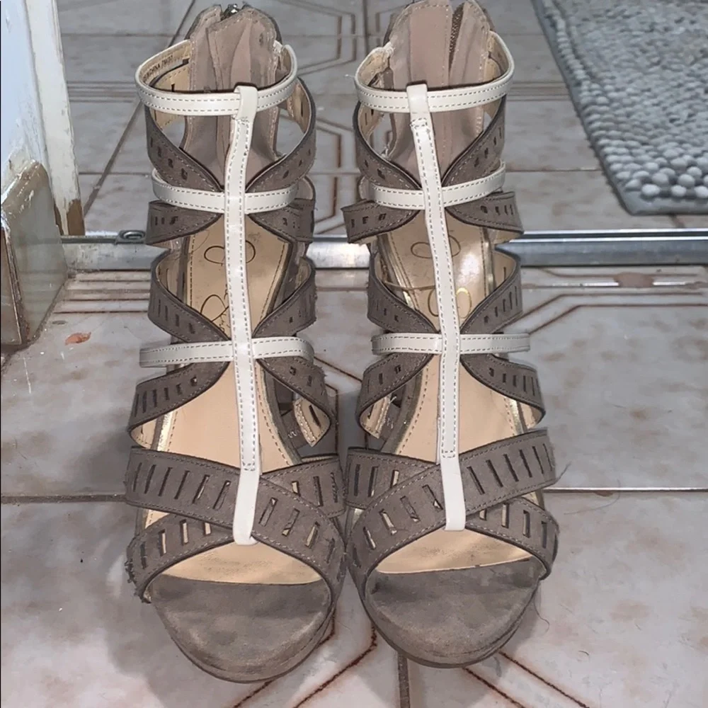 Jessica Simpson Taupe and Cream Strappy Platform Sandals